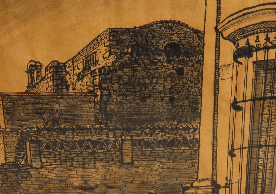WILLIAM JURGEN HESTHAL Original Old Ink and Wash Drawing of Mexican Architecture - 4