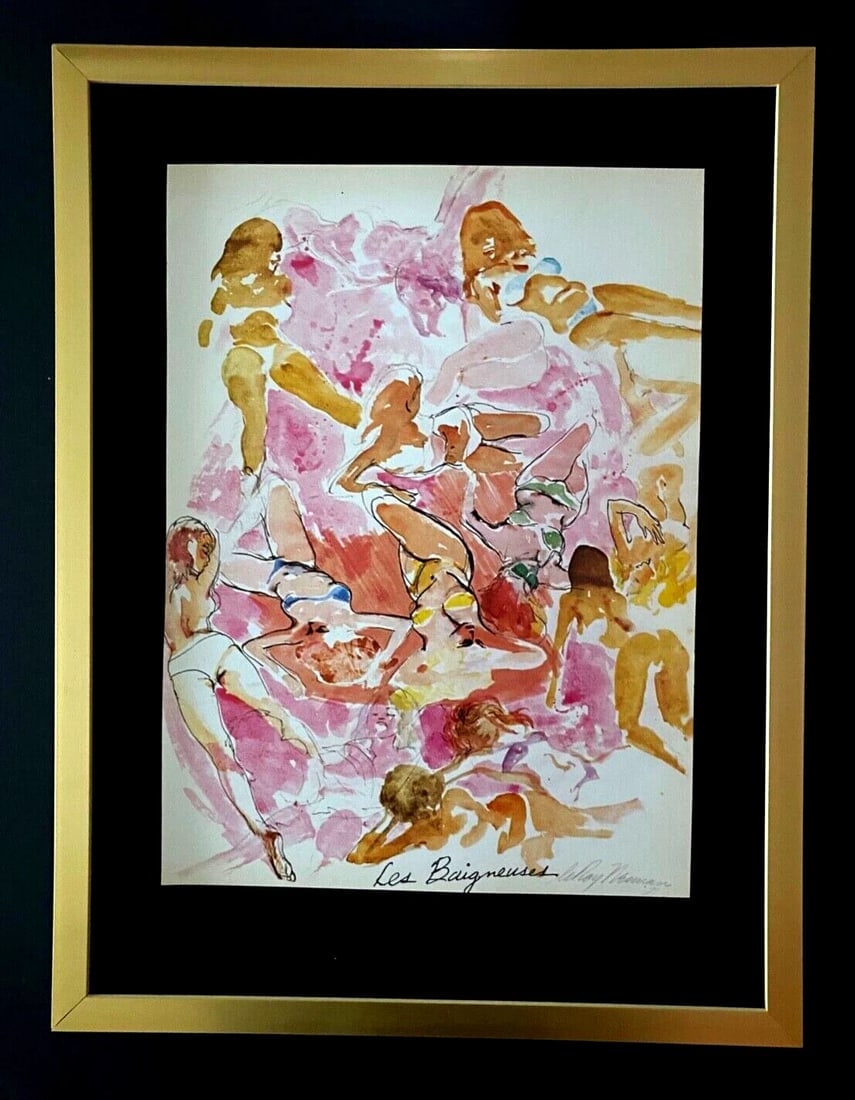 LEROY NEIMAN LES BAIGNEUSES FROM 1970'S + SIGNED PRINT FRAMED: We have for Sale this LEROY NEIMAN AWESOME 1970'S PRINT AFTER THE SKETCH OF " LES BAIGNEUSES " SIGNED IN THE PLATE FULL OF COLOR PRINT SIZE OF THE PRINT IS ABOUT 13 X 10 in FRAME COVERS AN AREA OF 17 