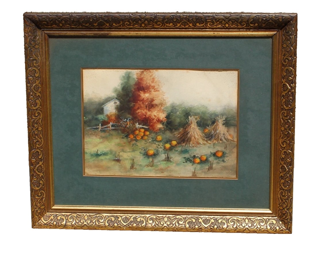 Antique Watercolor Painting Country Farm with House, Haystacks & Pumpkins - 2