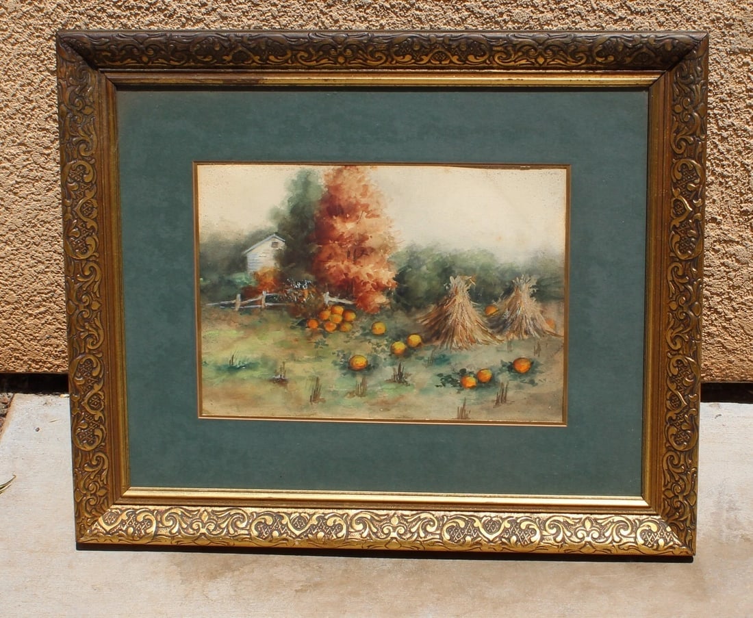 Antique Watercolor Painting Country Farm with House, Haystacks & Pumpkins - 3