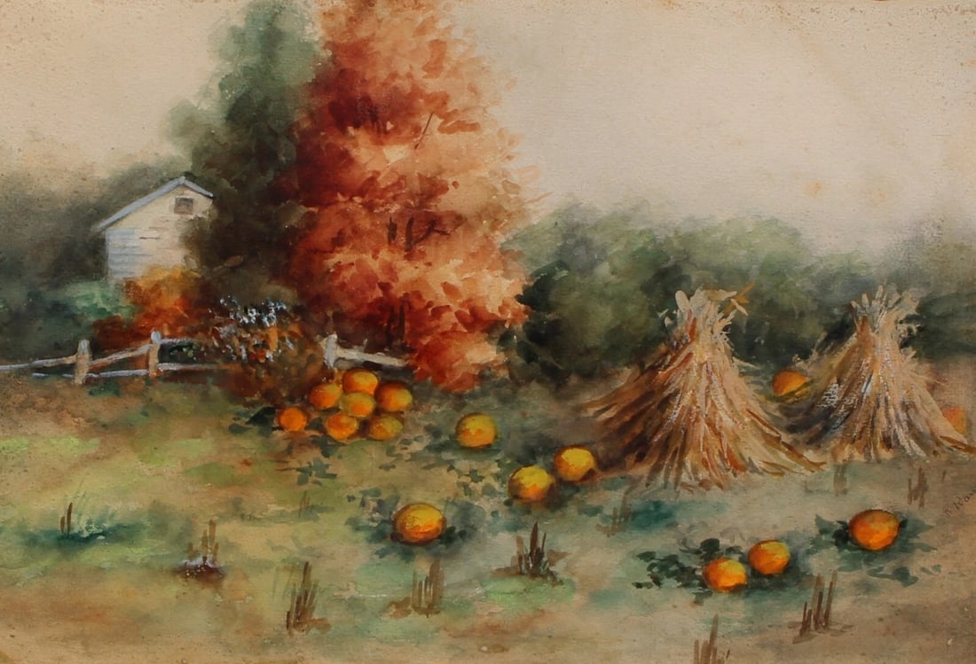 Antique Watercolor Painting Country Farm with House, Haystacks & Pumpkins - 4