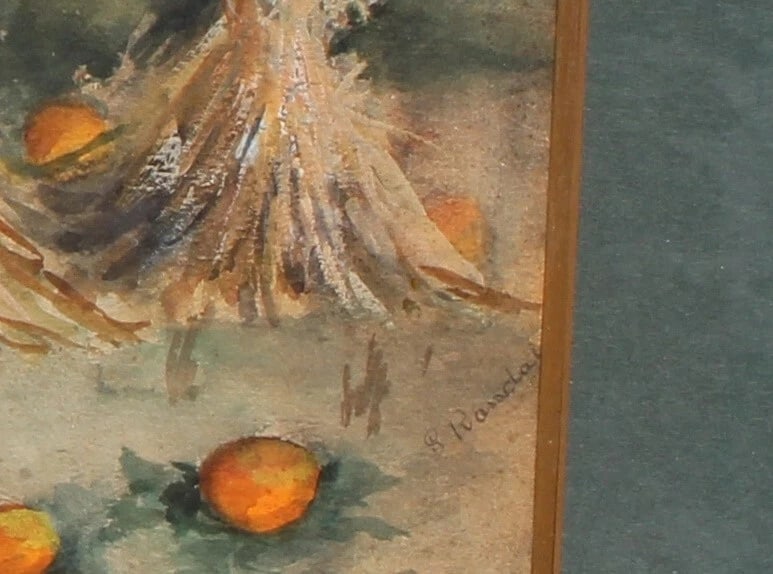 Antique Watercolor Painting Country Farm with House, Haystacks & Pumpkins - 5