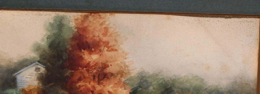 Antique Watercolor Painting Country Farm with House, Haystacks & Pumpkins - 6