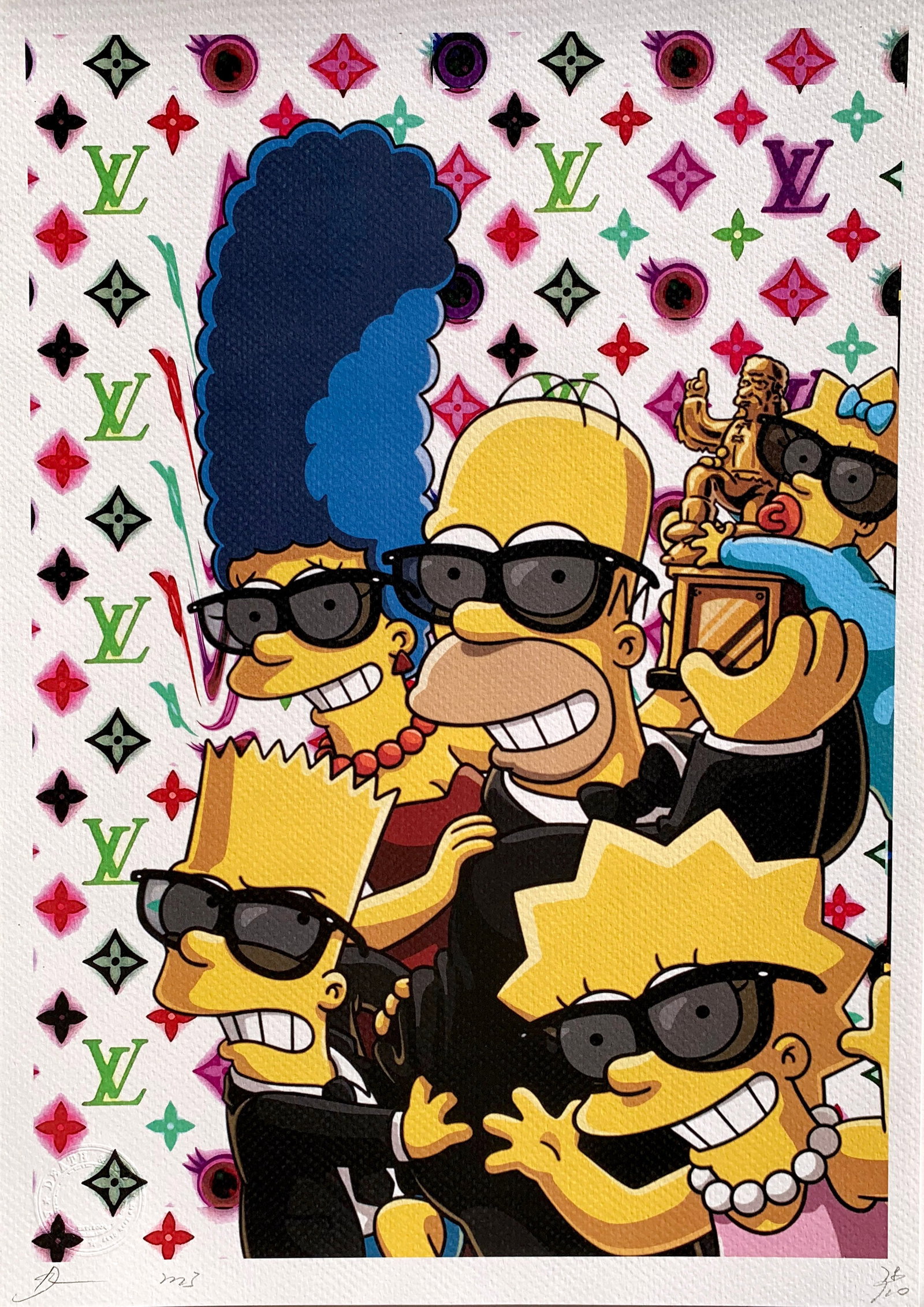 DEATH NYC Simpsons Louis Vuitton: Title:DEATH NYC Simpsons Louis Vuitton Date/Period:21st Century Materials:Giclee on Fine art 300 gsm paper Size:17 3/4 x 12 1/2 inches Description:Artist: Death NYC, limited edition giclee on paper,