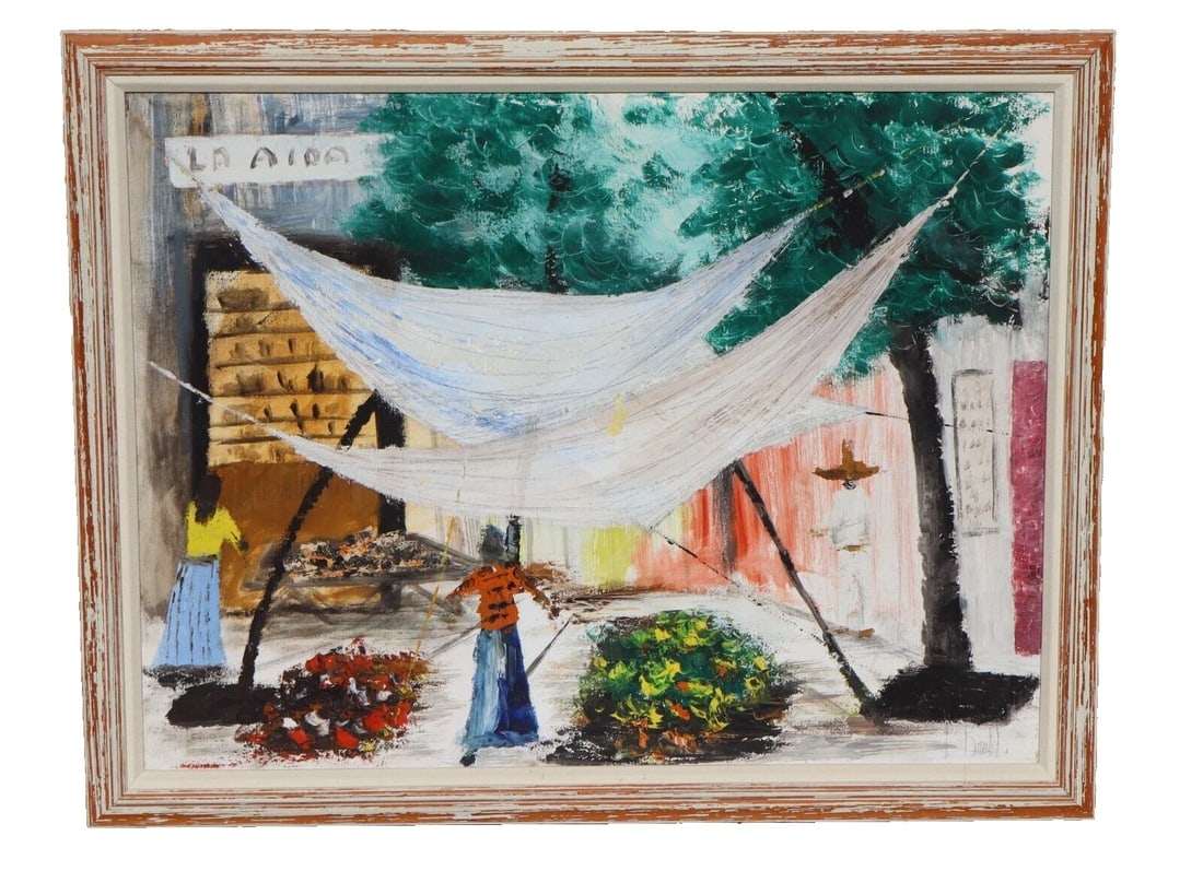 Latin American Modernist oil Two Women Hanging Hammocks by La Aida Sign - 2