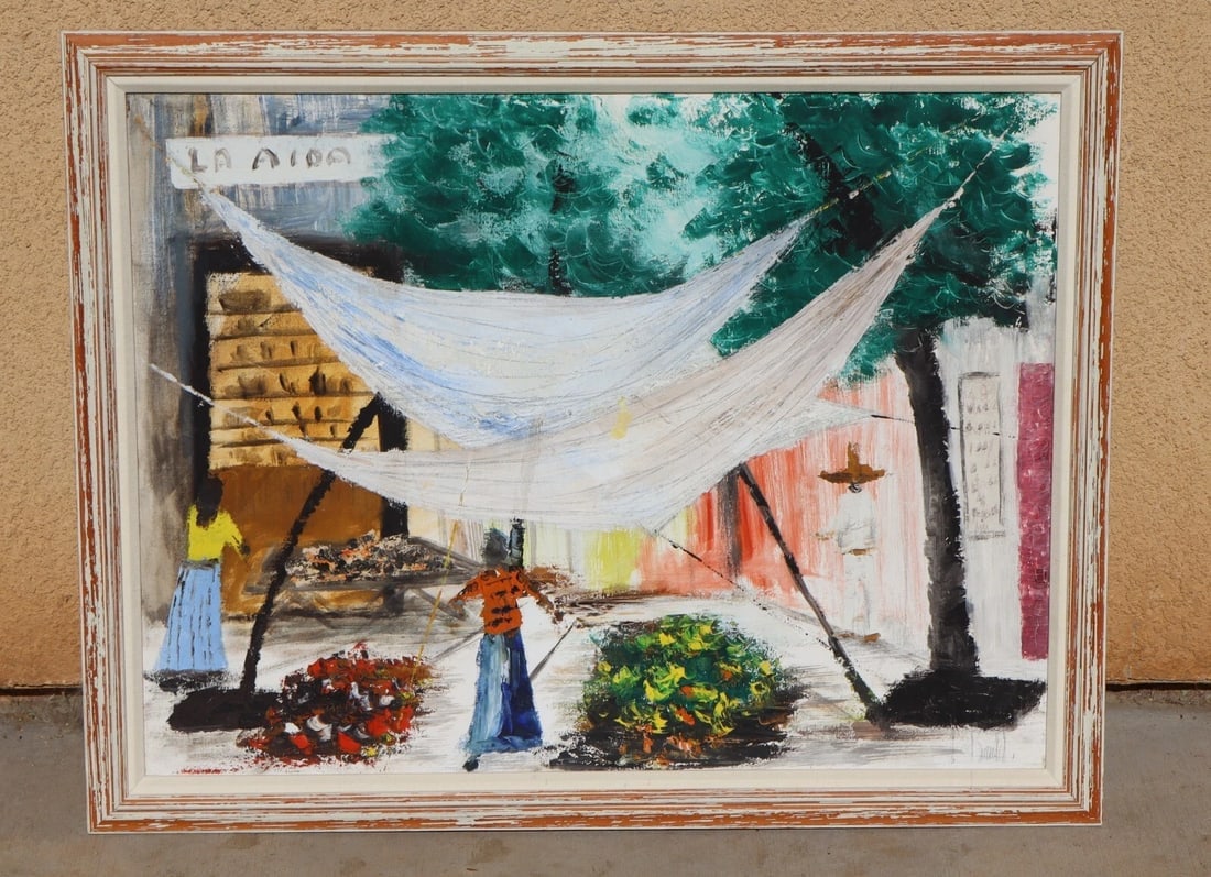 Latin American Modernist oil Two Women Hanging Hammocks by La Aida Sign - 3