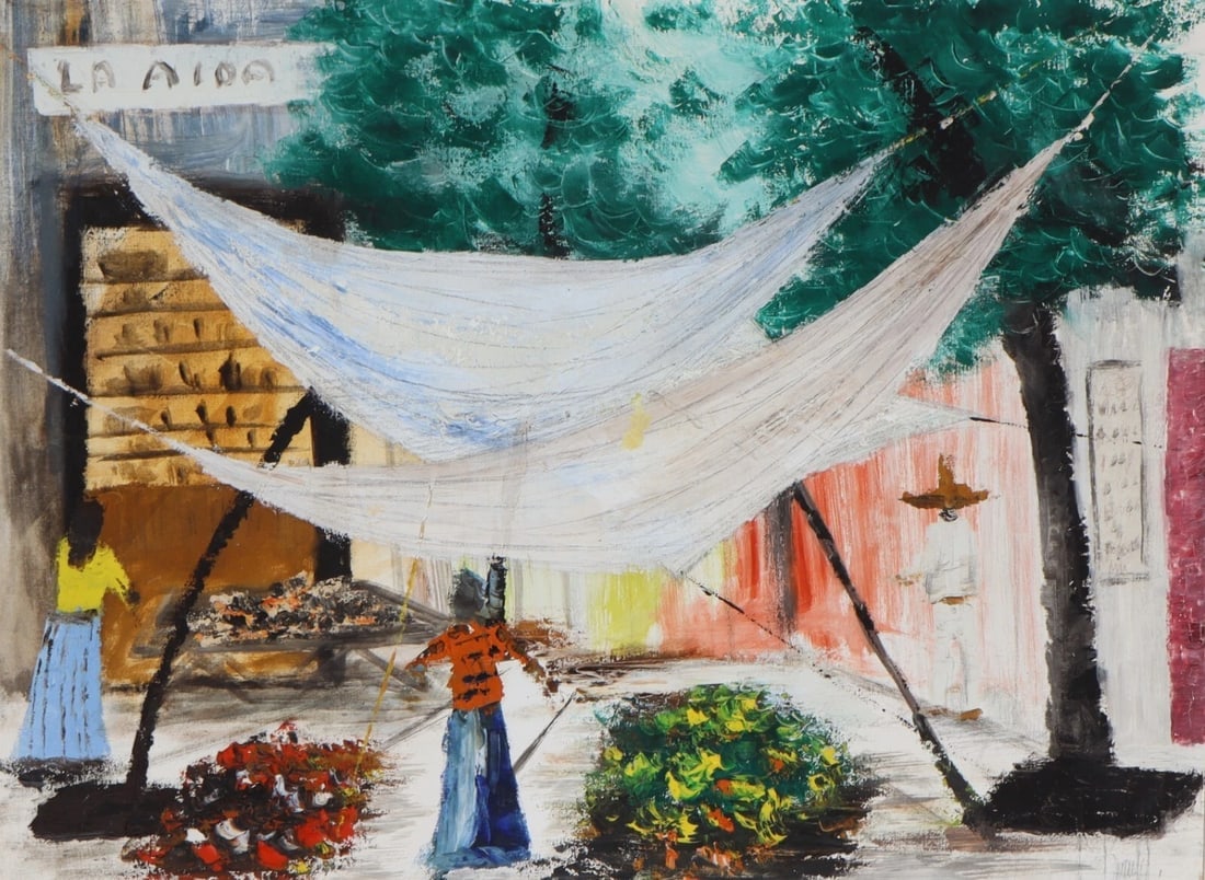 Latin American Modernist oil Two Women Hanging Hammocks by La Aida Sign - 4