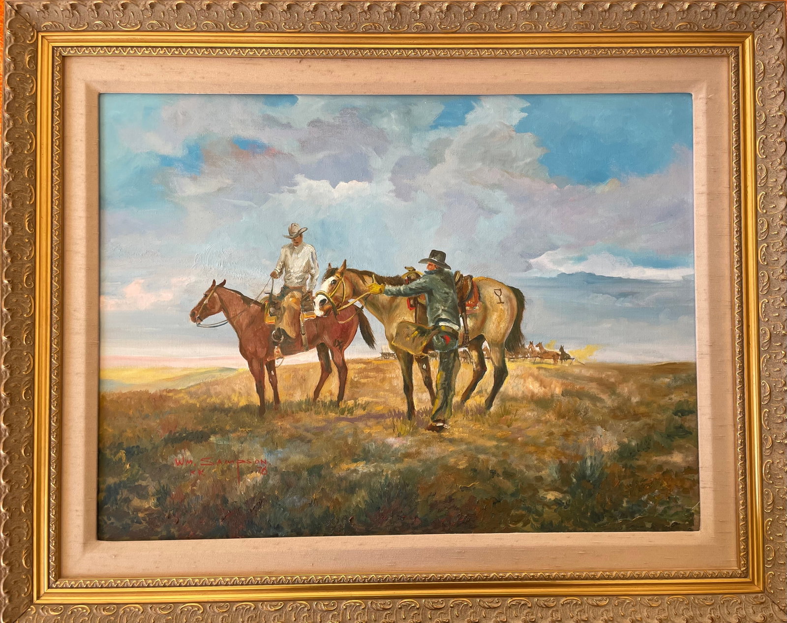 Untitled (Depiction of Cowboys with Prairie Schooner and Horse Herd): Artist: WM Sampson Title:Untitled (Depiction of Cowboys with Prairie Schooner and Horse Herd) Description: WM "Sonny" Sampson (September 27, 1933 – June 3, 1987) was a Native American painter,