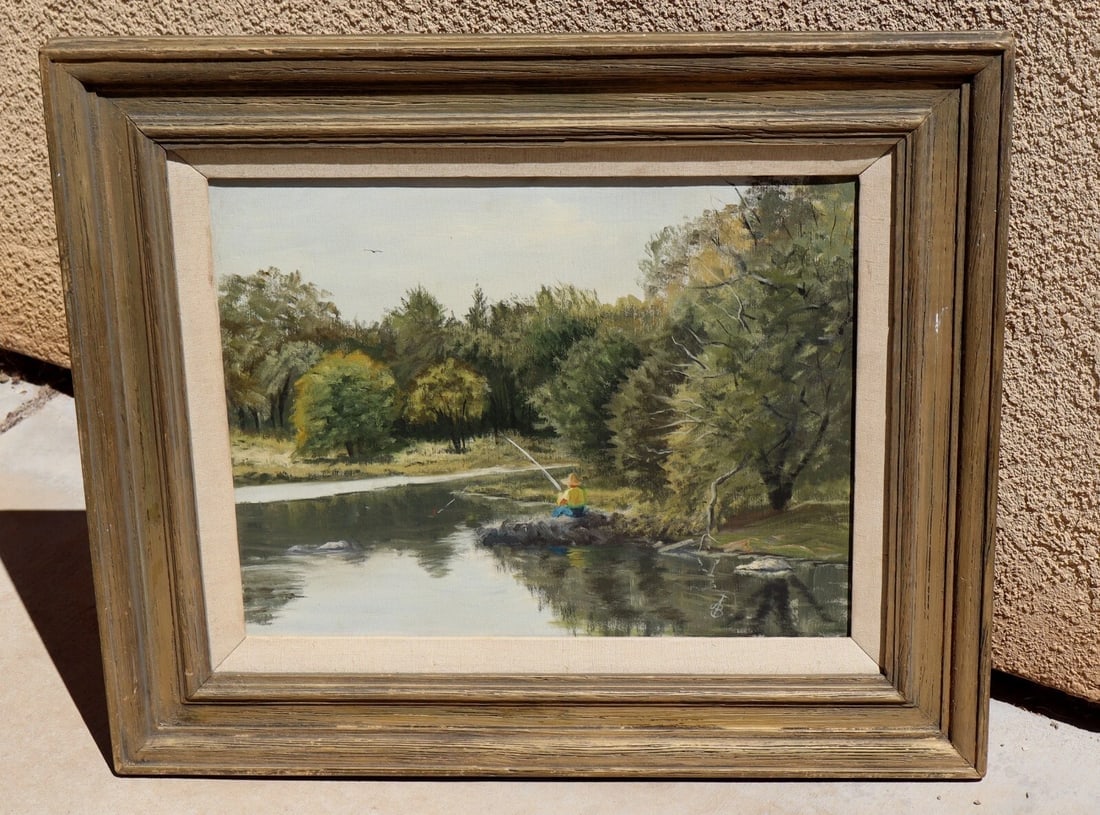Mid Century Impressionist original oil painting Boy Fishing signed with monogram: Title:Mid Century Impressionist original oil painting Boy Fishing signed with monogram Description:Beautiful Mid Century Impressionist framed oil painting of a Boy Fishing, 16" x 20" oil on canvas