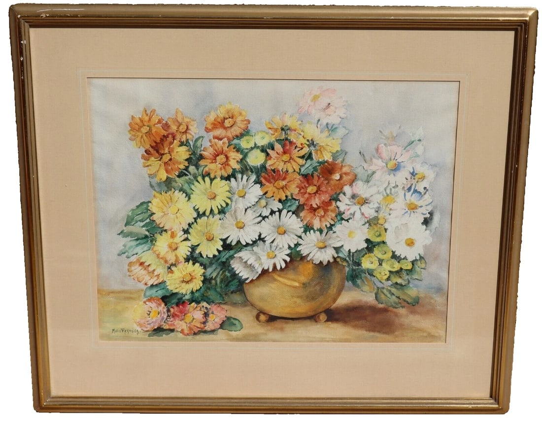 MOLLIE REYNOLDS Early California Still Life with Daisies in a Vase Watercolor (1 of 7)