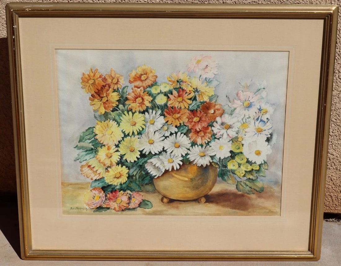 MOLLIE REYNOLDS Early California Still Life with Daisies in a Vase Watercolor - 3