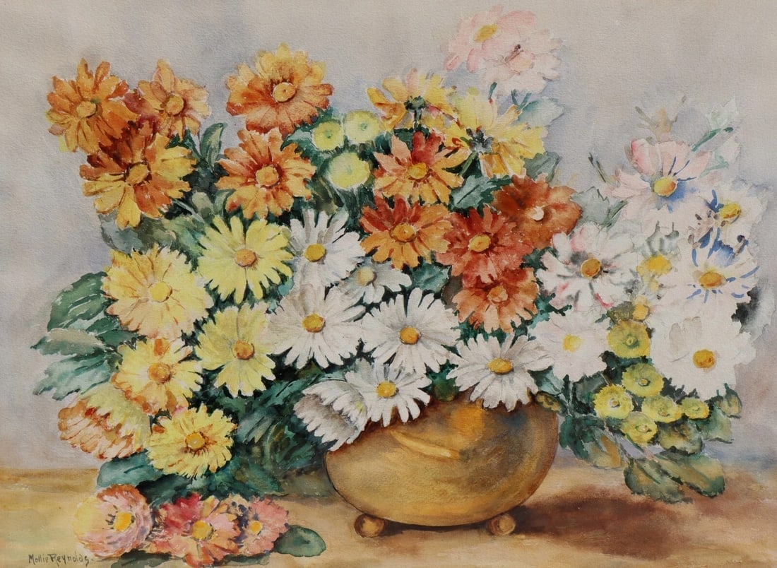 MOLLIE REYNOLDS Early California Still Life with Daisies in a Vase Watercolor - 4