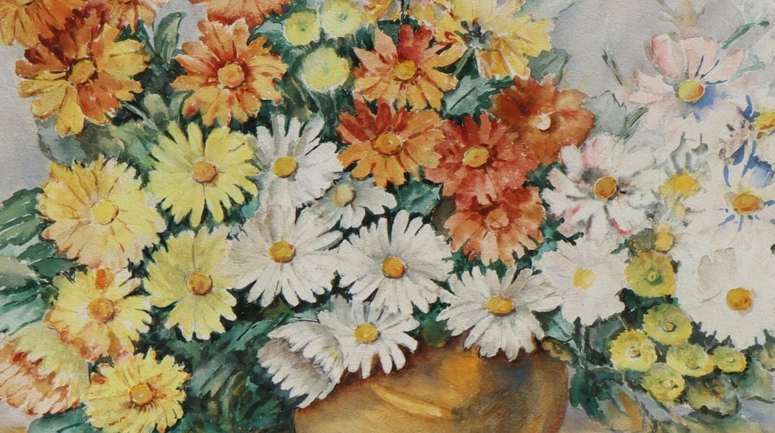 MOLLIE REYNOLDS Early California Still Life with Daisies in a Vase Watercolor - 5