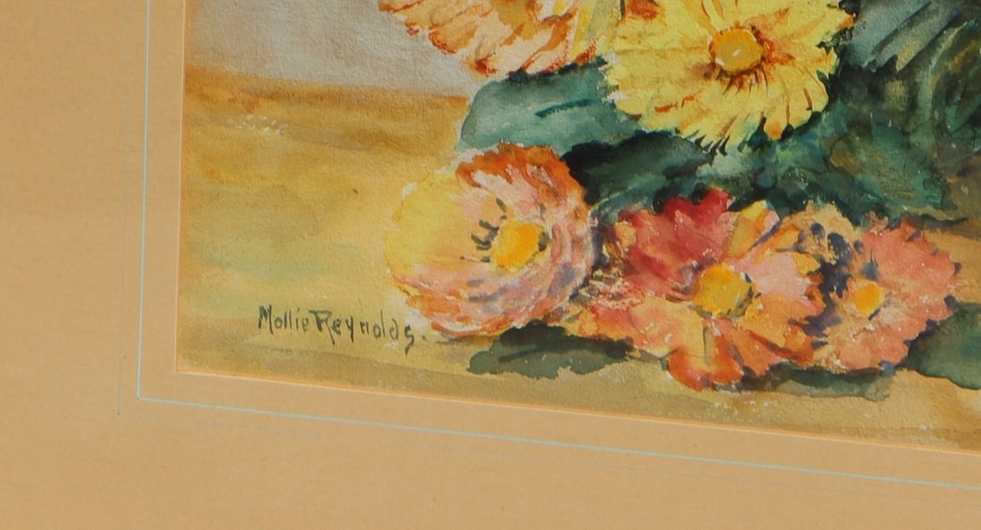 MOLLIE REYNOLDS Early California Still Life with Daisies in a Vase Watercolor - 6