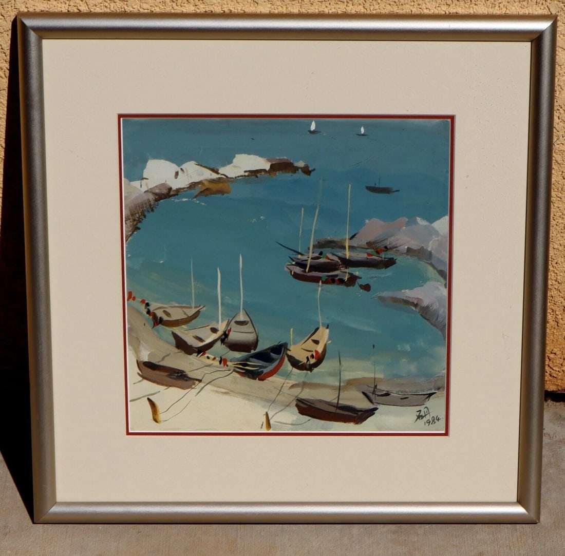 Artist Unidentified Sailboats in a Cove 1984 Modern Gouache painting (1 of 6)