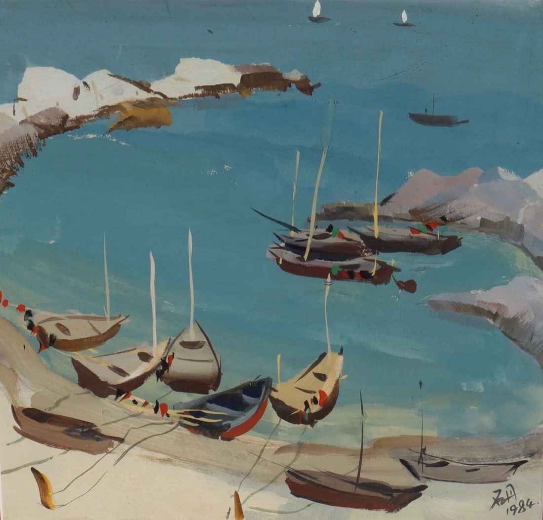 Artist Unidentified Sailboats in a Cove 1984 Modern Gouache painting - 3