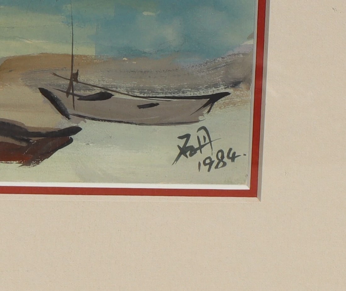 Artist Unidentified Sailboats in a Cove 1984 Modern Gouache painting - 4