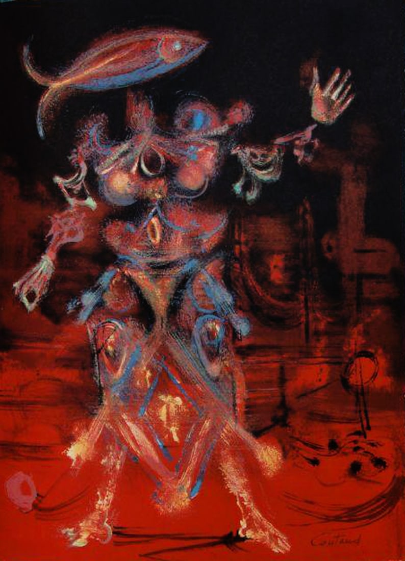 Lucien Coutaud signed Lithograph Figure de l'aire rouge 1972: Artist: Lucien Coutaud Country: France Title: Figure de l'aire rouge Medium: Original Lithograph Marks: Han-signed in pencil Paper: Rives vellum 14.5 x 11 inch Printed: 1972 by Mourlot Provenance: Por