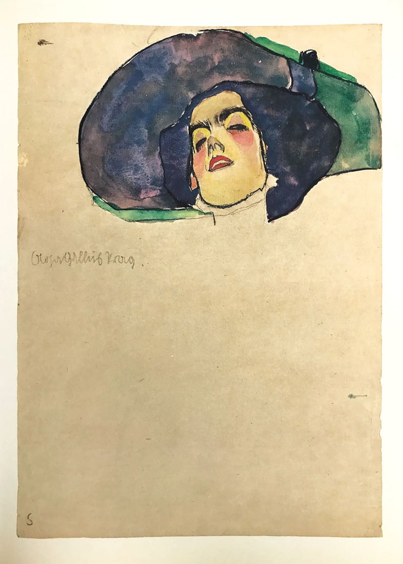 Schiele Lithograph 1 Woman's Head with Wide Brimmed Hat: Artist:Egon Schile Title:Woman's head with wide brimmed hat Medium:Lithograph - 1 Marks:Signed in plate Printed:1968 by Max Jaffe, Vienna Austria Paper:Heavy paper 20 x 14 inch Condition:Very good