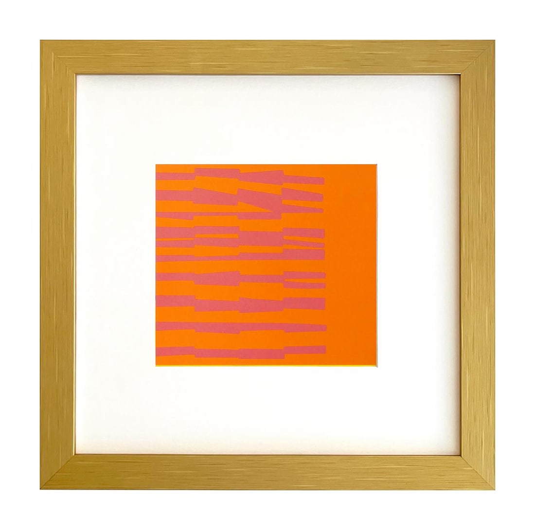 Ellsworth Kelly 1999 Pink and orange 9 framed: Artist: Ellsworth Kelly Title: Pink and orange Medium: Linogravure - 9 Marks: Not signed, not numbered Printed: 1999 by Heinrich Winterscheidt, Dsseldorf Size: 7.50 x 8 inches Provenance: Kelly Exposi