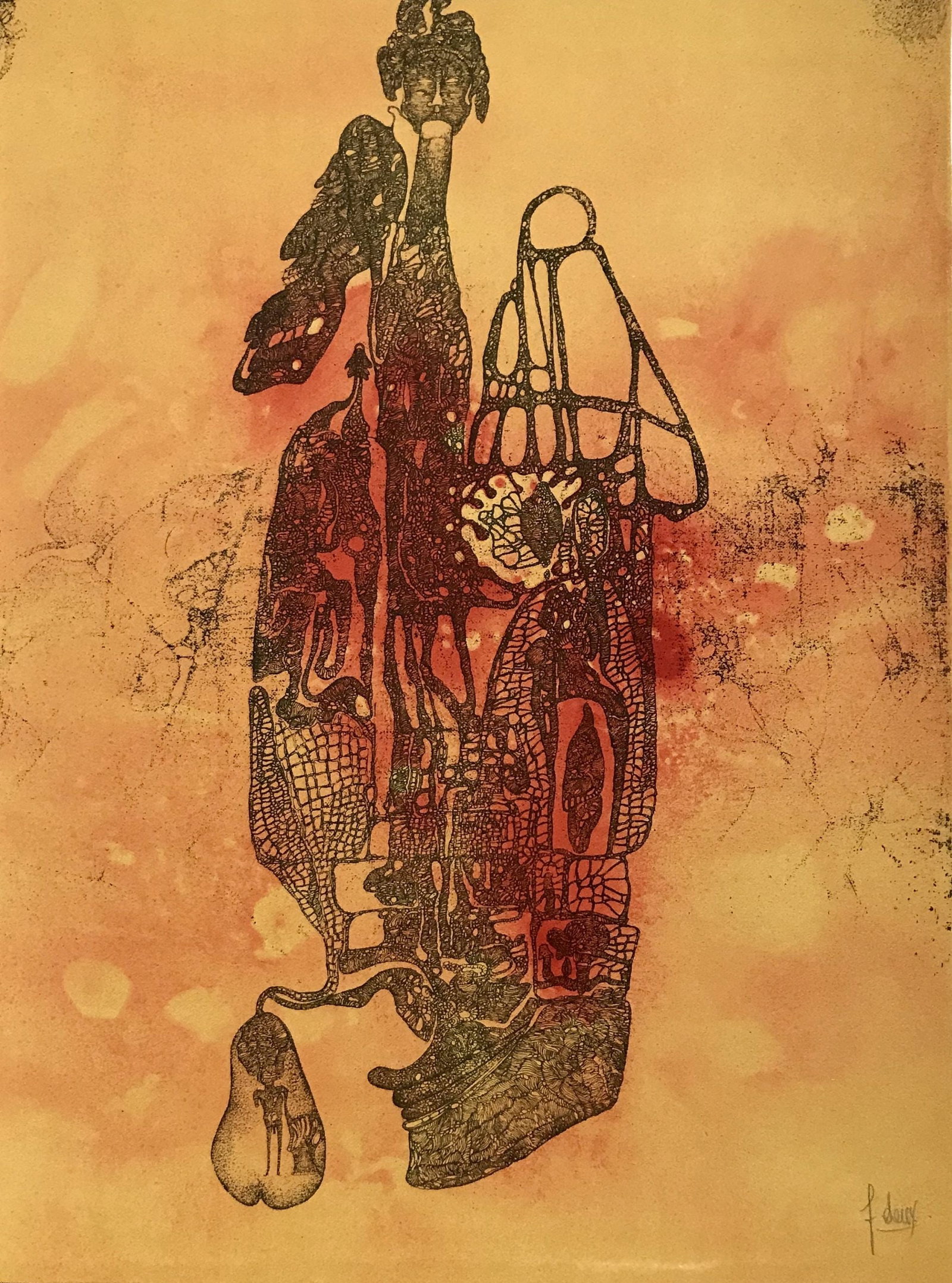 Fred Deux Signed Original Lithograph Vertige du il 1972: Artist: Fred Deux Country: France Title: Vertige du il Medium: Original Lithograph Marks: signed in pencil paper: Rives vellum 14.50 x 11 inches\nPrinted: 1972 by Ateliers de Fernand Mourlot Provenanc