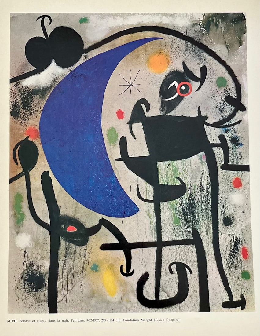 Joan Miro Femme et oiseau dans la nuit XXe siecle 1968: Artist: Joan Miro Country: Spain Title: Femme et oiseau dans la nuit. (after peinture 1967) Medium: Original Lithograph Marks: Not signed, not numbered Printed: 1968 in France Paper: 12.5 x 9.75 inch