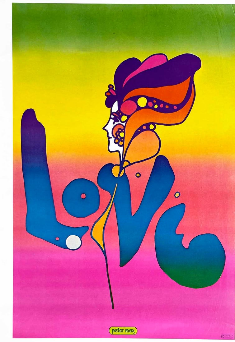 Peter Max Pop Art Poster 8 Love 1970: Artist: Peter Max Country: Germany / USA Title: Love Medium: Offset Paper Size: 16.50 x 11 inches Marks: Not signed not numbered Published: 1970 Peter Max Poster Corp Provenance: Peter Max Poster Book