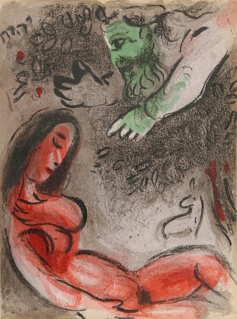 Chagall Original Lithograph Eve incurs God's displeasure Bible 1960: Artist: Marc Chagall Country: Russia Title: Eve incurs God's displeasure Medium: Color Lithograph Marks: Not signed or numbered Printed: 1960 by Mourlot, France Paper size: on woove 15 x 10 50 inch