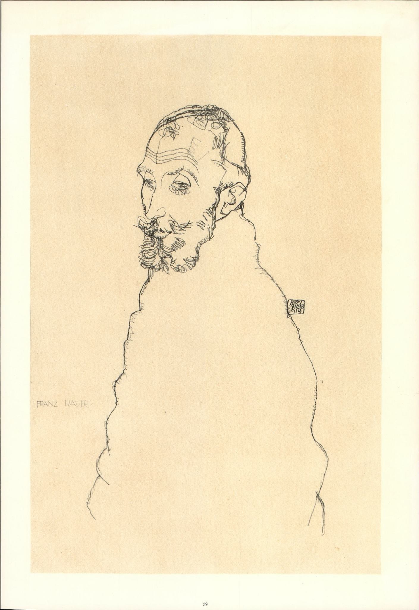 Schiele Lithograph 39 Portrait of Franz Hauer: Artist:Egon Schiele Country:Austria Title:Portrait of Franz Hauer Medium:Lithograph - 39 Marks:Signed in plate Printed:1968 by Max Jaffe, Vienna Austria Paper:Heavy paper 20 x 14 inch Provenance:Egon