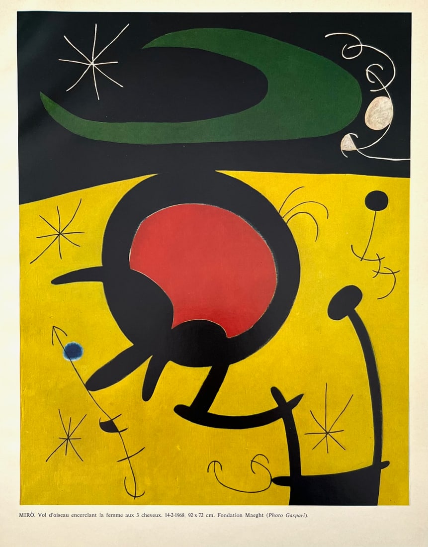 Joan Miro Vol d'oiseau encerclant la femme au 3 cheveux XXe siecle 1968: Artist: Joan Miro Country: Spain Title: Vol d'oiseau encerclant la femme au 3 cheveux (after peinture 1967) Medium: Offset Marks: Not signed, not numbered Printed: 1968 in France Paper: Vellum paper