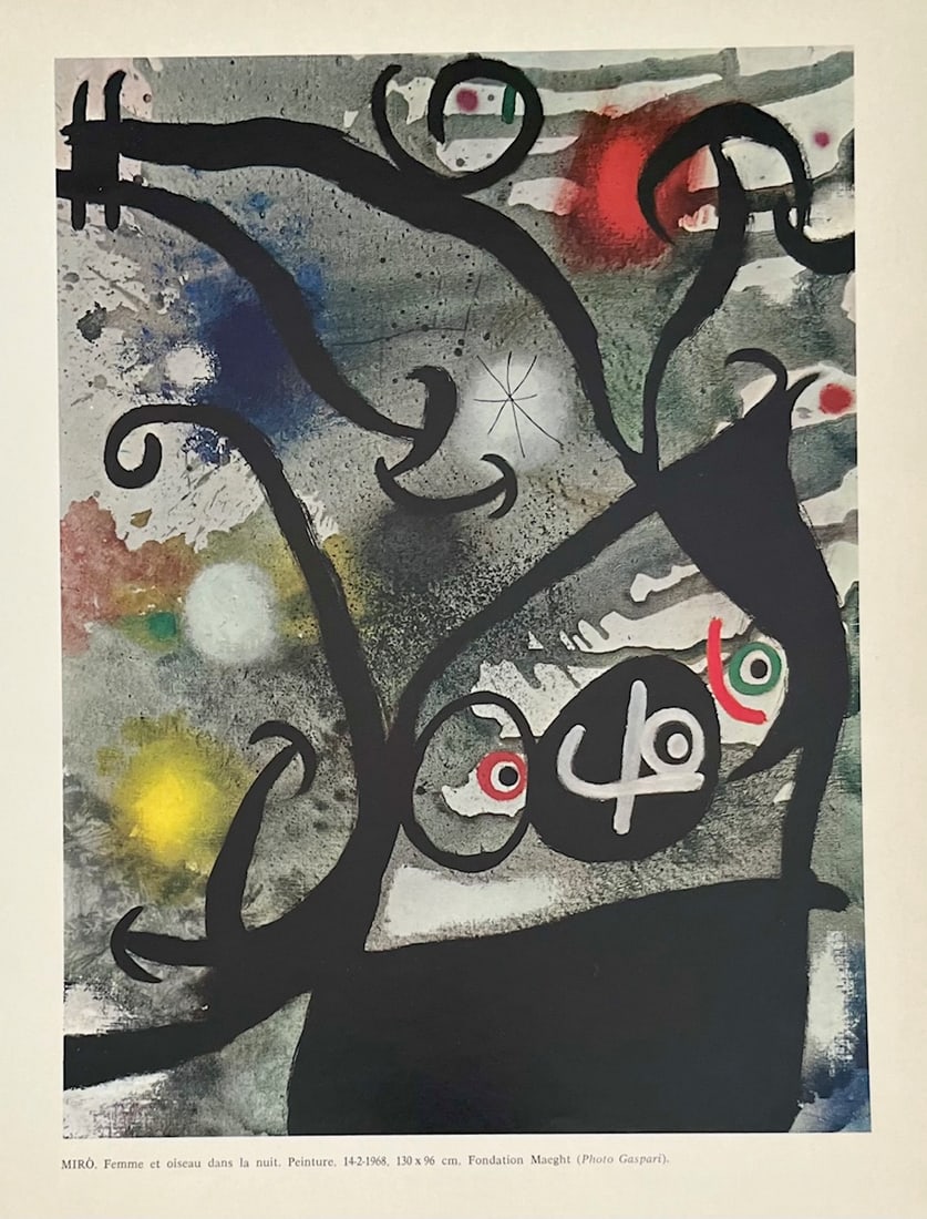 Joan Miro Femme et oiseau dans la nuit XXe siecle 1968: Artist: Joan Miro Country: Spain Title: Femme et oiseau dans la nuit (after peinture 1968) Medium: Offst Marks: Not signed, not numbered Printed: 1968 in France Paper: Vellum paper 12.50 x 9.75 inch