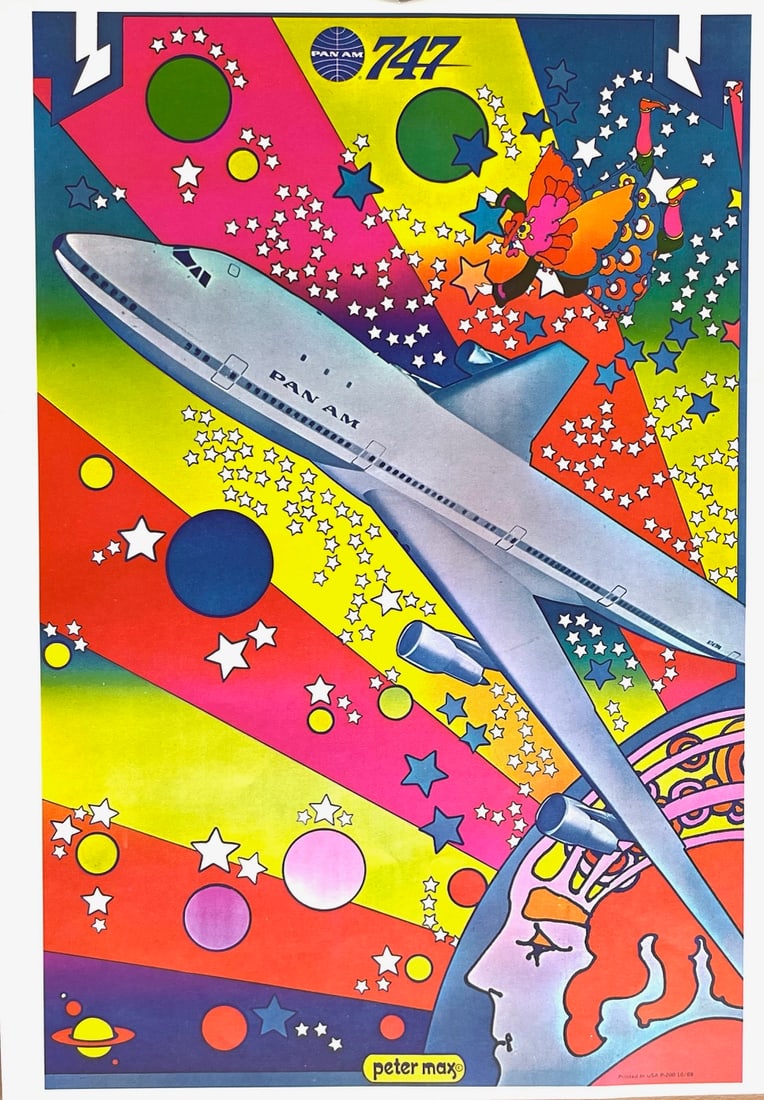 Peter Max Pop Art Poster 24 Pan AM 1970: Artist: Peter Max Country: Germany / USA Title: Pan Am Medium: Offset Paper Size: 16.50 x 11 inches Marks: Not signed, not numbered Published: 1970 Peter Max Poster Corp Provenance: Peter Max Poster B