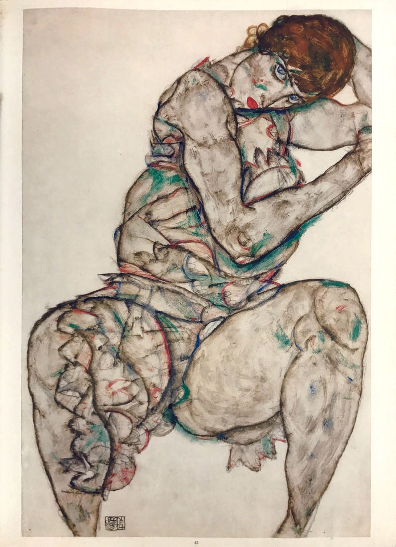 Schiele Lithograph 43 Seated woman with hand in hair: Artist:Egon Schiele Country:Austria Title:Seated woman with hand in hair Medium:Lithograph - 43 Marks:Signed in plate Printed:1968 by Max Jaffe, Vienna Austria Paper:Heavy paper 20 x 14 inch