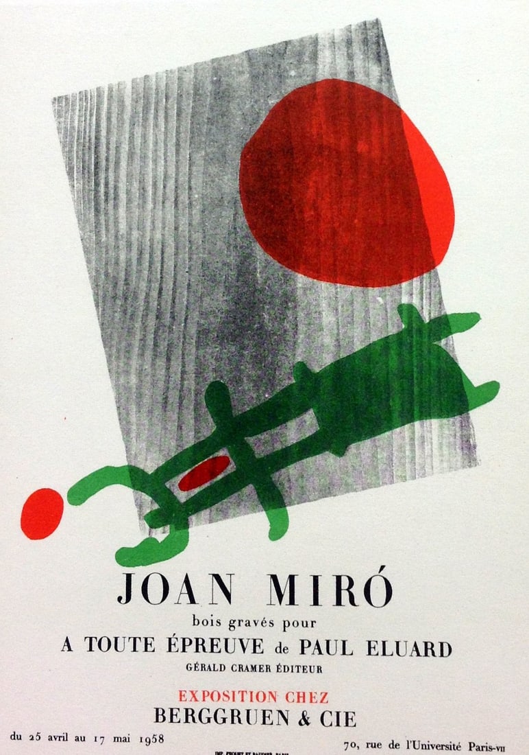 Joan Miro Lithograph 55 A toute epreuve Mourlot 1959: Title: A toute epreuve Artist: Joan Miro Country: Spain Medium: Lithograph Paper size: 12.50 X 9.50 inch Printed: 1959 by Mourlot Freres, France Provenance: Art in posters Book 1959 Condition: Very