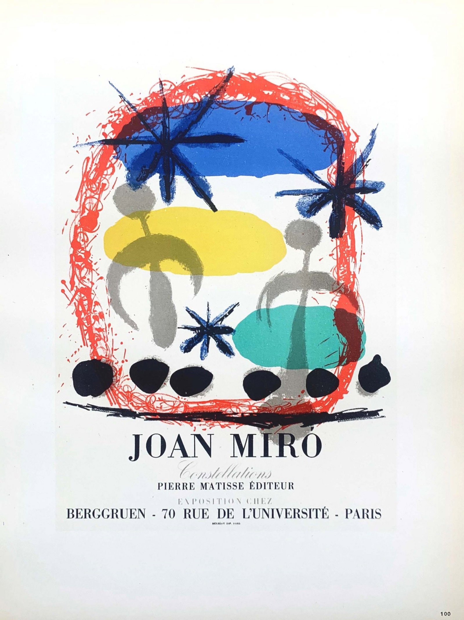Joan Miro Lithograph 100 Constellations Art in posters 1959: Title: Constellations Artist: Joan Miro Country: Spain Medium: Lithograph Paper size: 12.5 X 9.5 inch Printed: 1959 by Mourlot Freres, France Provenance: Art in posters Book 1959 Condition: Very good,