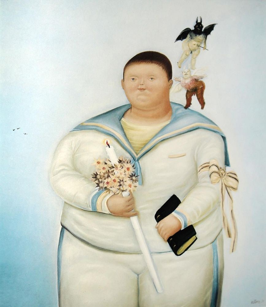 Fernando Botero 13 Self Portrait on My First Communion 1983: Title: Self-Portrait on My First Communion Artist: Fernando Botero Country: Colombia Medium: Offset - Quadrichromie 13 Marks: Not signed, not numbered Paper size: 16 x 12 inch Printed: 1983 in Italy P