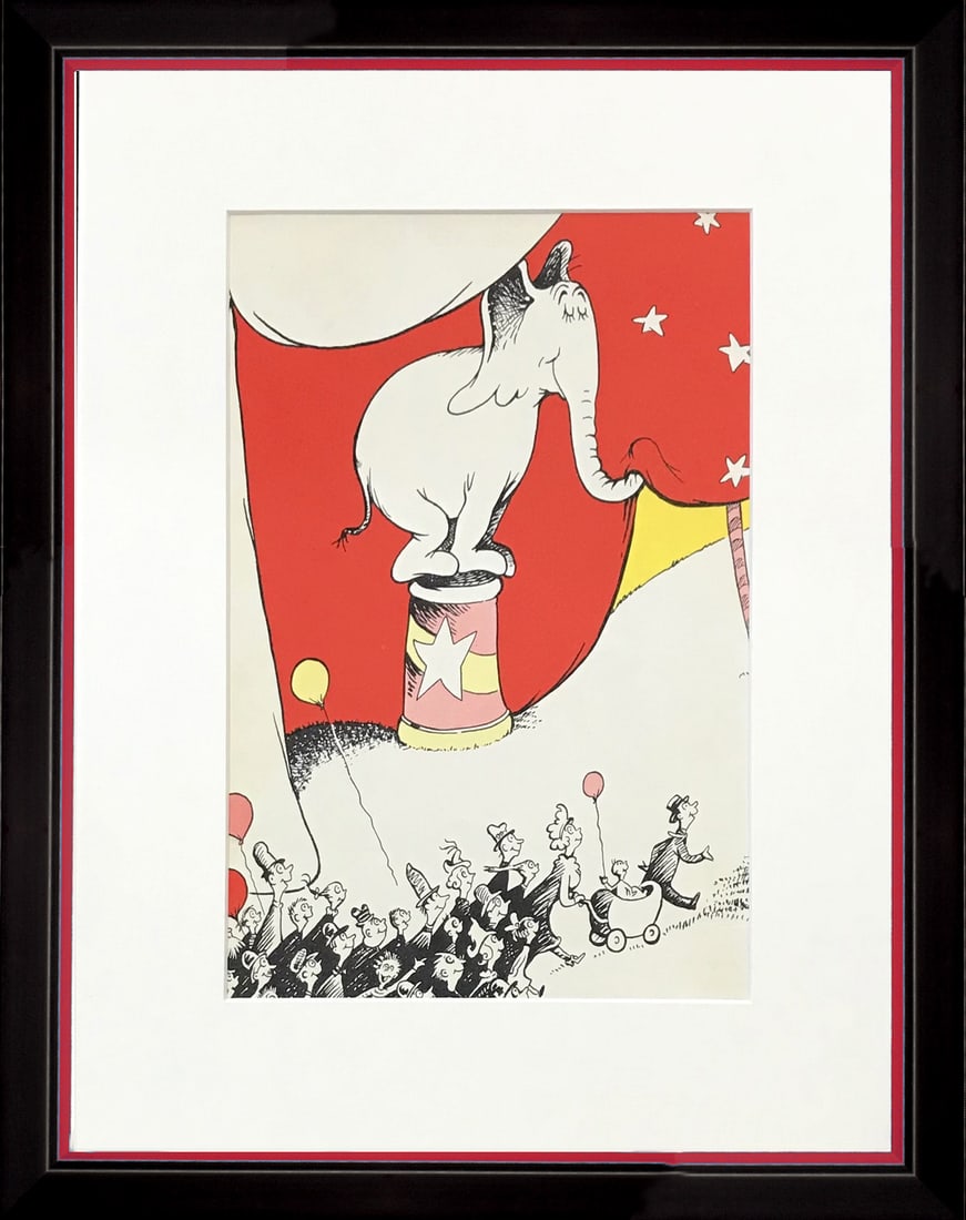 Framed print for Dr Seuss 4: Artist: Theodor Geisel known by Dr Seuss\nCountry: USA\nTitle: Untitled\nMedium: Lithographic print Paper Size: 11x 8 inches on matte paper\nProvenance: 1960's book Dr Seuss Condition: Very good. The 