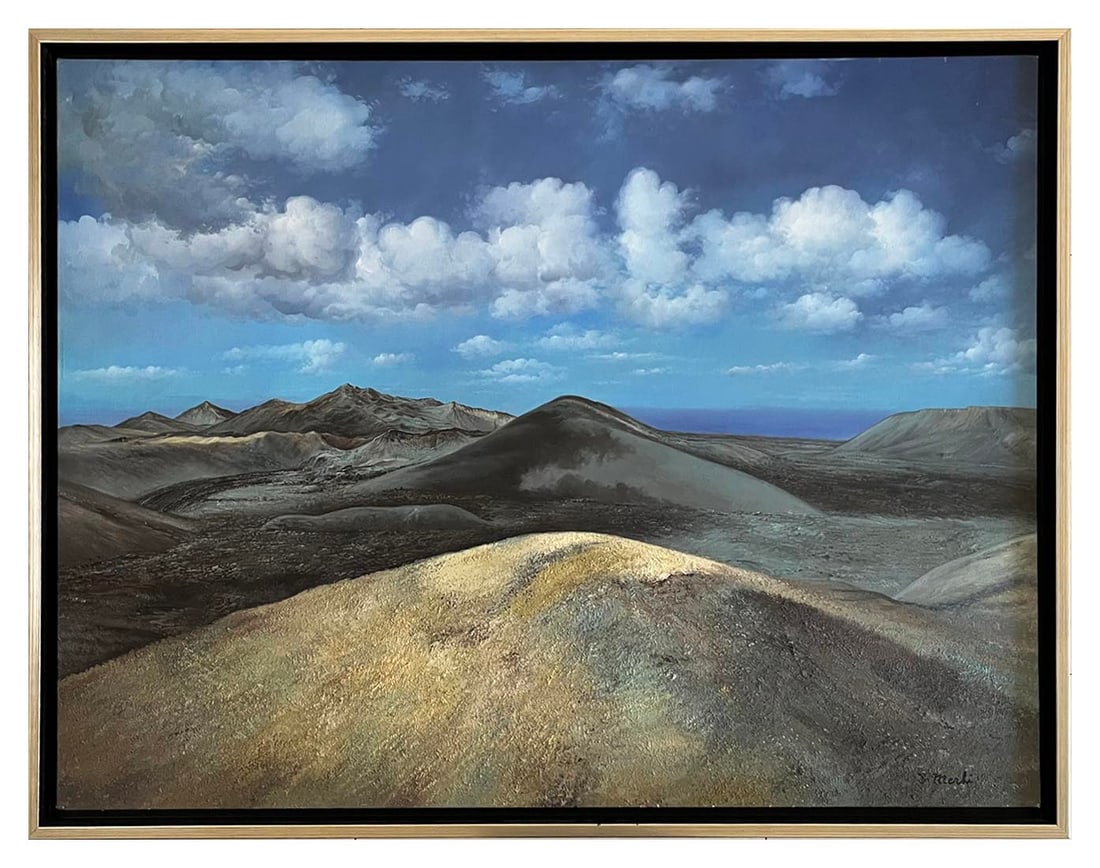 Joseph Merhi Timanfaya Mountains Original oil Painting on Canvas 1999 Framed: Title: Timanfaya Mountains (Canary Islands) Artist: Joseph Merhi Country: USA Medium: Original Oil Painting on Canvas Marks: Created and signed in 1999 Canvas Size: 30 x 40 inch Condition: Excellent C