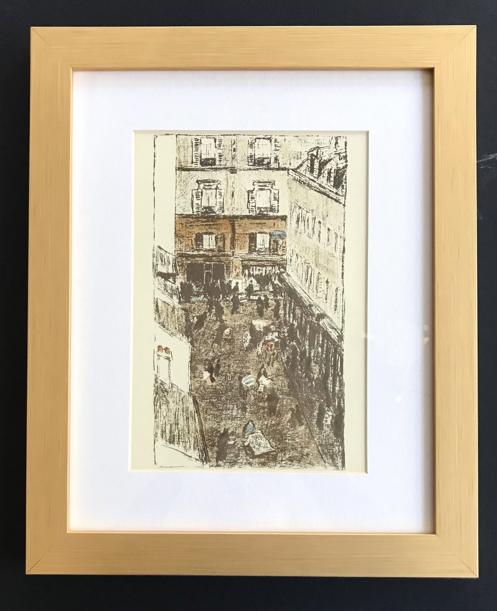 Pierre Bonnard Framed Lithograph 131 Coin de rue vue d'en haut: Title: Coin de rue vue d'en haut Artist: Pierre Bonnard Country: France Medium: Lithograph - 131 Marks: Not signed, not numbered Printed: 1952 by Mourlot, France Paper Size: Vellum 12.50 x 9.50 inch