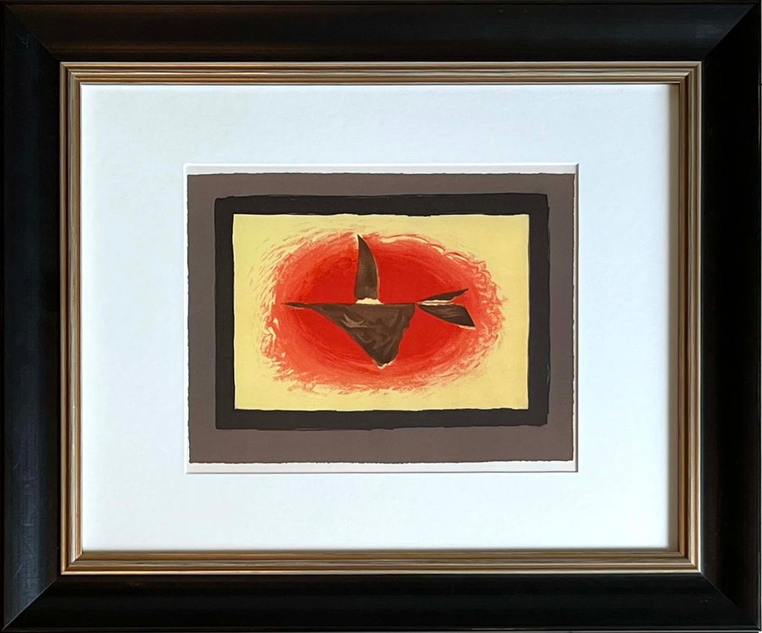 Georges Braque Au Couchant Lithograph p105 Mourlot 1963 Framed: Title: Au couchant Artist: Georges Braque Country: France Medium: Lithograph Marks: Not signed, not numbered Paper size: Vellum 9.5 x 12.5 inches Printed: 1963 by Fernand Mourlot, France Provenance: