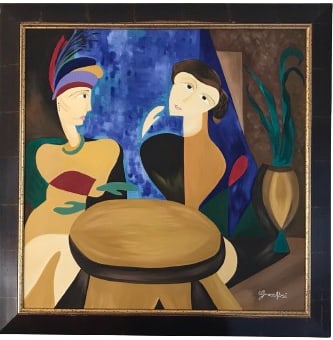 Grace Absi Sisters 2001 Oil Painting on Canvas Framed: Title: Sisters Artist:Grace Absi Country: USA Medium: Original Oil Painting on Canvas Marks: Created and Signed in 2001 Canvas Size: 36 x 36 inch Certificate of Authenticity Is Included Framed size