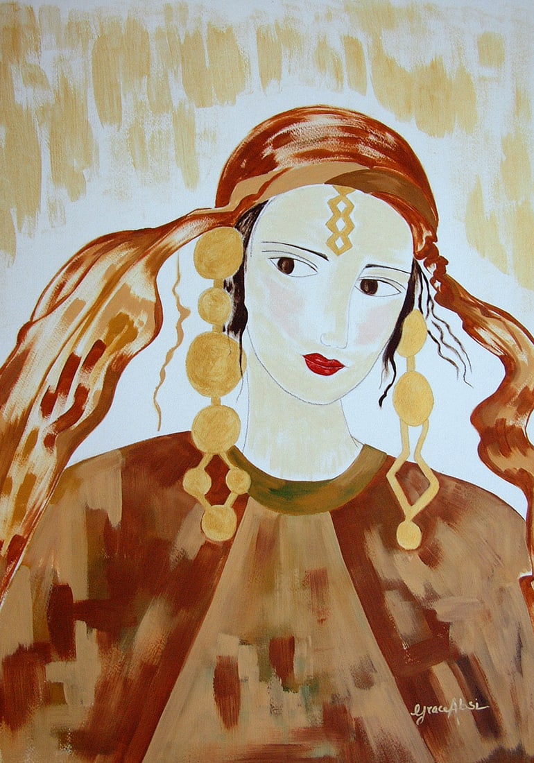 Grace Absi Karima 2001 Oil Painting on Arches Paper Framed: Title: Karima Artist: Grace Absi Country: USA Medium: Oil Painting on Arches paper Marks: Created and Signed in 2001 Size: Arches paper 30 x 22 inch Certificate of Authenticity is included Framed