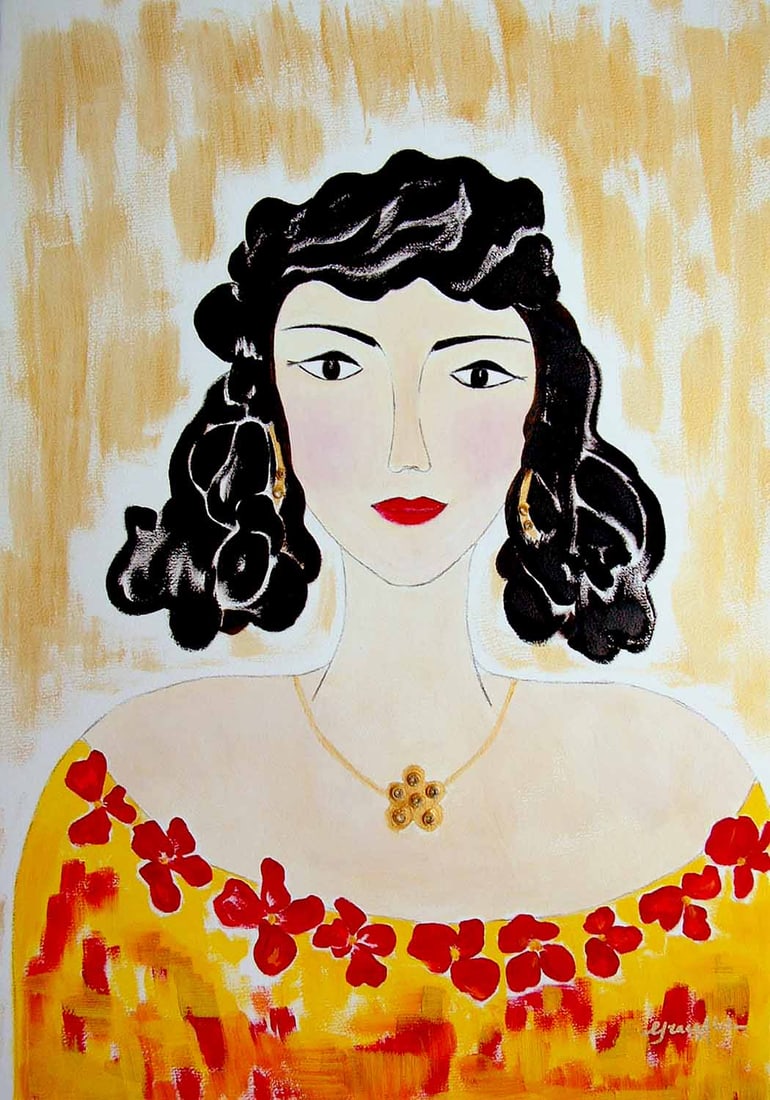Grace Absi Gina 2001 Oil Painting & Precious stones Framed: Title: Gina Artist: Grace Absi Country: USA Medium: Original Oil Painting & Precious stones Marks: Created and Signed in 2001 Size: Arches paper 30 x 22 inch Certificate of Authenticity is
