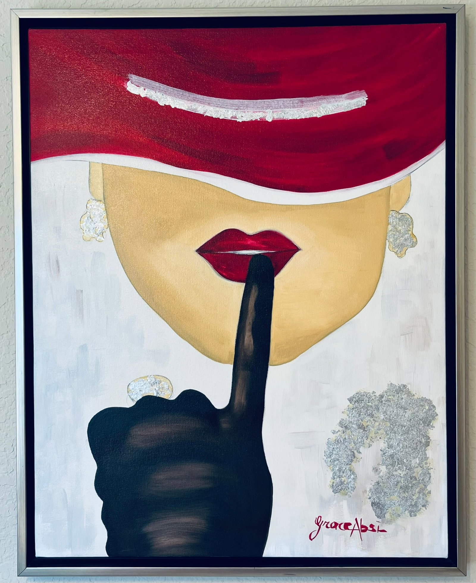 Grace Absi Red Hat 2002 Oil Painting & Silver leaf on canvas Framed (1 of 3)