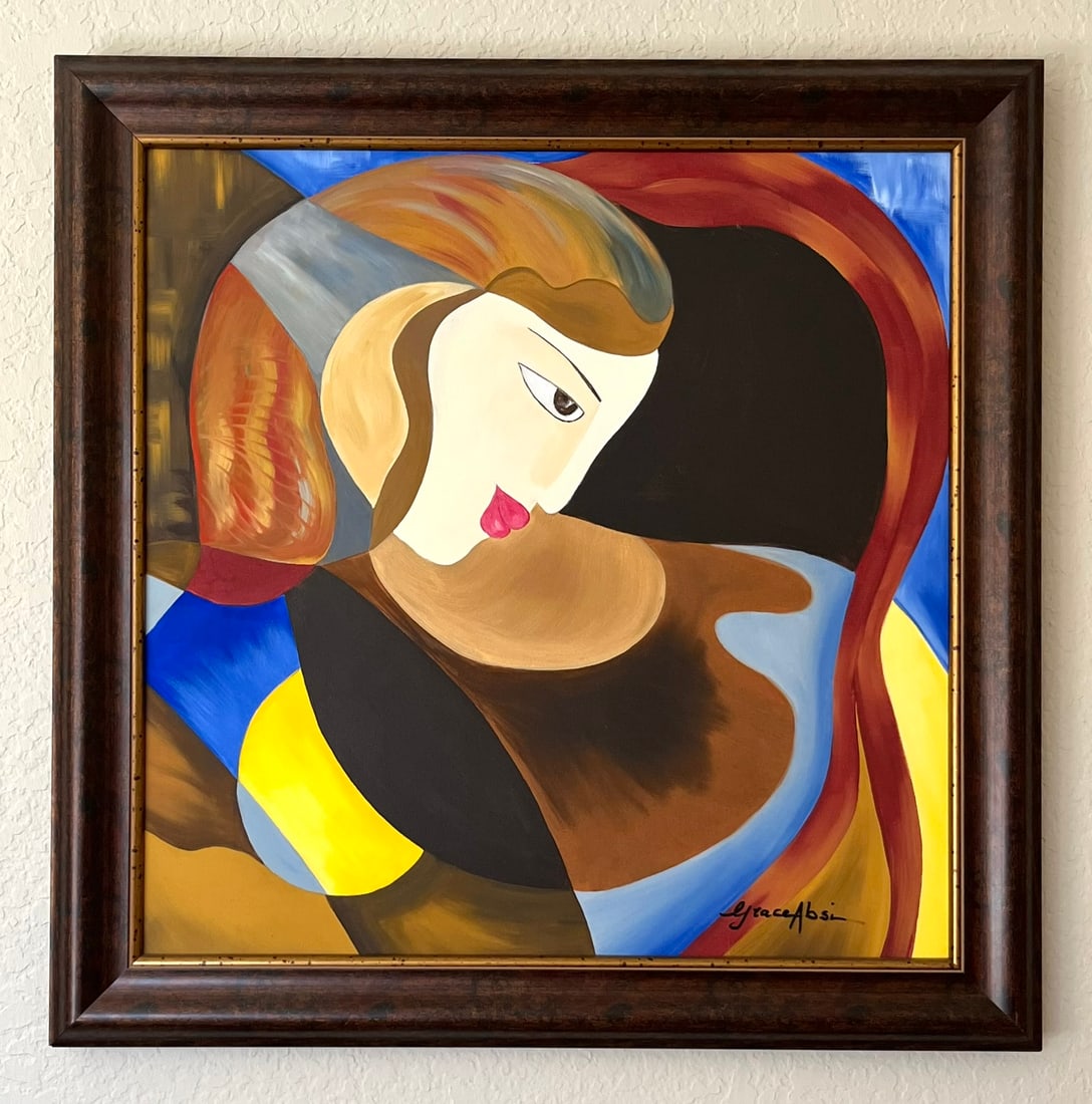 Grace Absi Bride 2001 Oil Painting on Canvas Framed: Title: Bride Artist:Grace Absi Country: USA Medium: Oil Painting on Canvas Marks: Created & Signed in 2001 Canvas size: 24 x 24 inch Certificate of Authenticity is included Framed with Italian