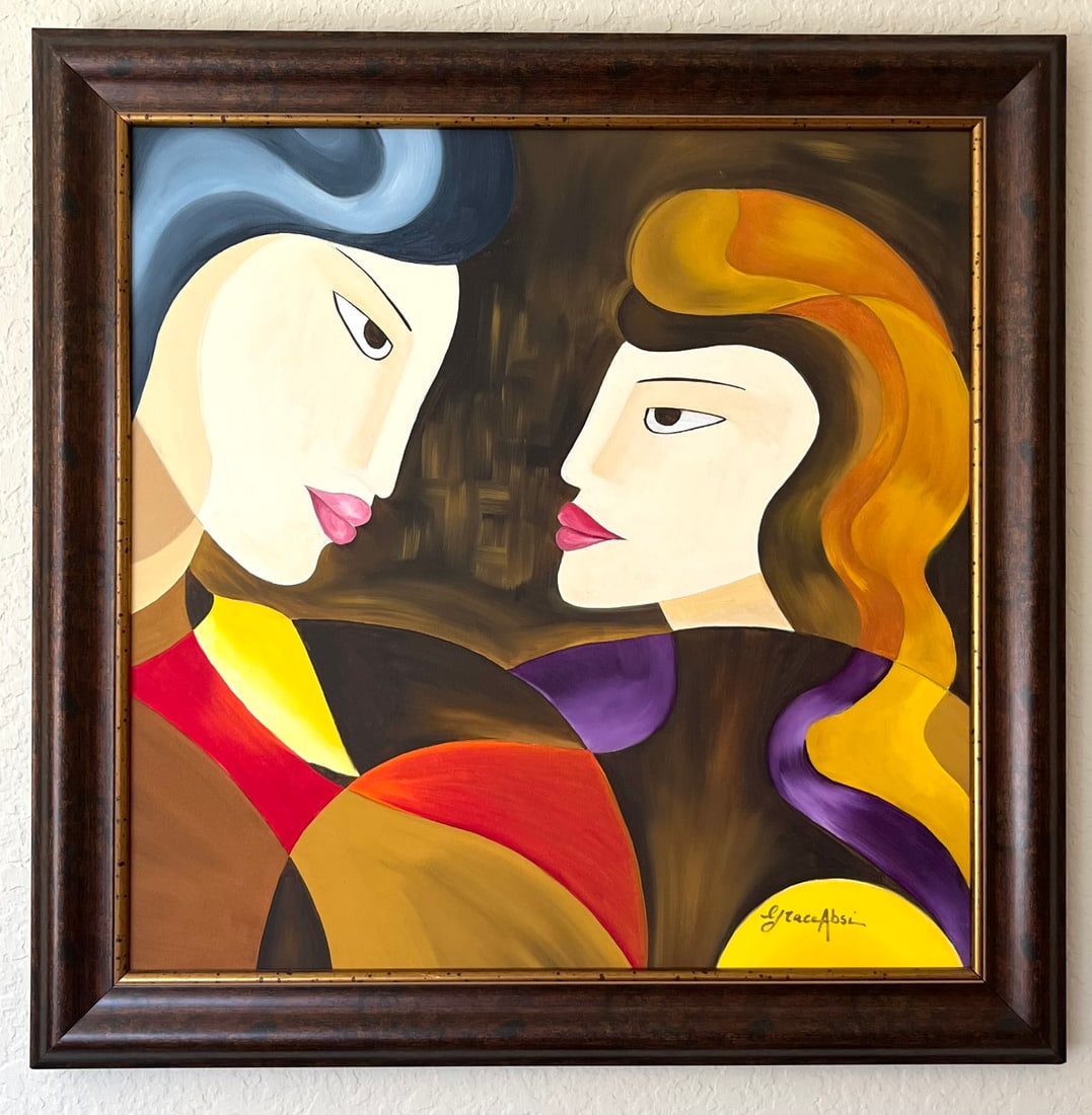 Grace Absi First Date 2001 Oil Painting on Canvas Framed: Title: First date Artist:Grace Absi Country: USA Medium: Oil Painting on Canvas Marks: Created & Signed in 2001 Canvas size: 24 x 24 inch Certificate of Authenticity is included Framed with