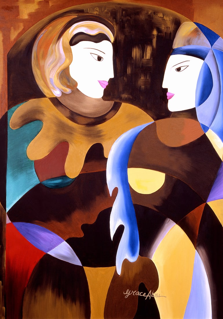 Grace Absi Whispering 2001 Oil Painting on Canvas framed: Title: Whispering Artist: Grace Absi Country: USA Medium: Oil Painting on Canvas Marks: Created & Signed in 2001 Canvas Size: 48 x 36 inch Certificate of Authenticity Is Included Framed size 55 x