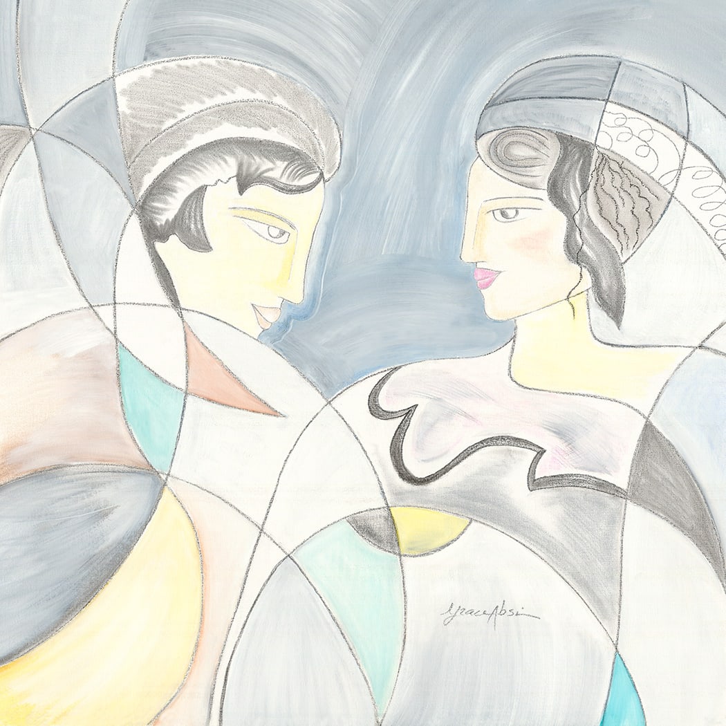 Grace Absi The Couple 2001 Oil Painting on Canvas Framed: Title: The Couple Artist: Grace Absi Country: USA Medium: Oil Painting on Canvas Marks: Created and Signed in 2001 Canvas Size: 32 x 32 inch COA: Certificate of Authenticity Is Included Framed size