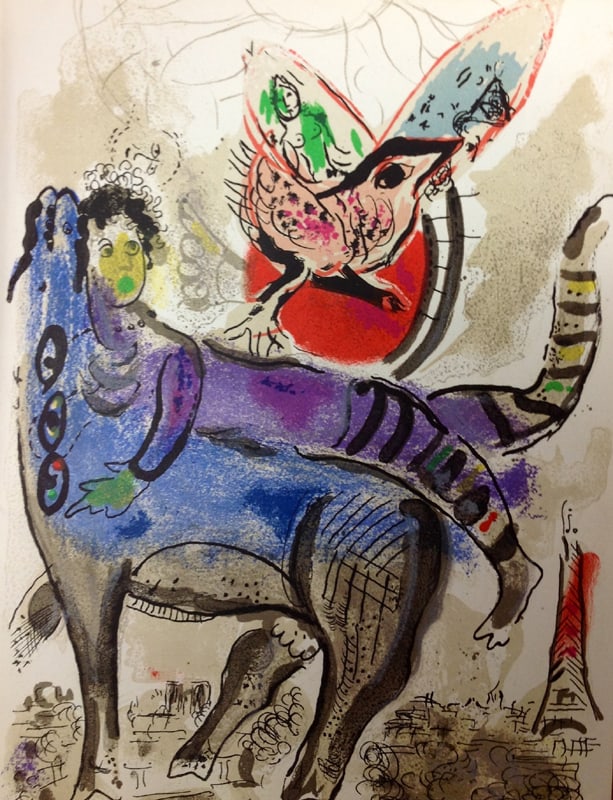 Chagall Original Lithograph La vache bleue XXe siecle 1967: Artist: Marc Chagall Country: Russia-France Title: La vache bleue Medium: Original Lithograph Marks: Not signed, not numbered Size: 12.50 x 9.50 inch Printed: 1967 by Mourlot France Provenance: Book X