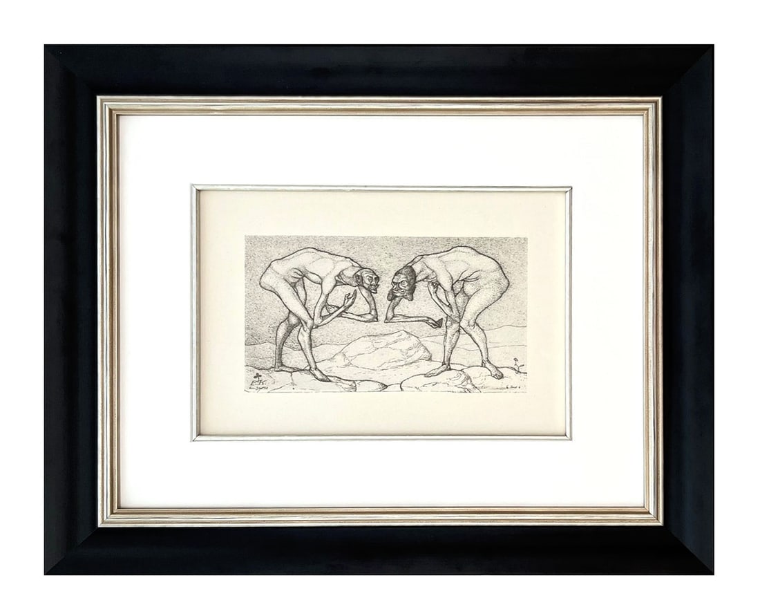 1947 Paul Klee Engraving 2 Two Men Meet 1903: Artist: Paul Klee Country: Switzerland / Germany Title: Two Men Meet, Each believing the other to be of a higher rank, 1903 Medium: Engraving 2 Printed: 1947 by Meriden Gravure Company Paper Size: